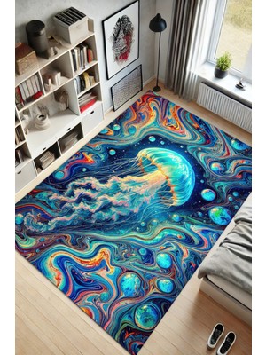 The Reef Design Deniz Anası Deseneli Mavi Deniz Temalı Dokuma Kaymaz Tabanlı Yıkanabilir Dijital Baskı Halı Genç Odası Halısı