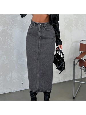 Dema Kadın Denim Pamuklu Siyah Uzun Etek