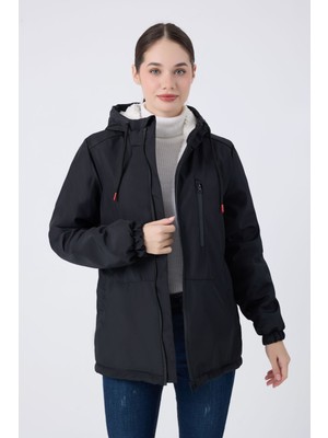 Kadın Siyah Içi Kürklü Su ve Rüzgar Geçirmez Kapüşonlu Kışlık Mont & Kaban & Parka