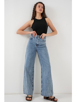 Bigdart Kadın Bol Paça Yüksek Bel Palazzo Kot Pantolon 6656 - Mavi