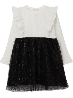 Kız Çocuk Eteği Pullu Üstü Fitilli Fiyonklu Elbise