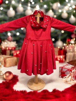 Kız Çocuk Inci Detaylı Tokalı Kadife Özel Gün Elbisesi