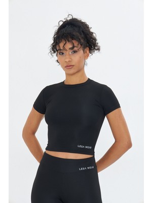 Lesa Wear Kadın Fitted Kısa Kollu Spor Crop T-Shirt Örme Kumaş Siyah Renk