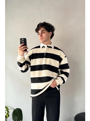 Flaw Atelier Çizgili Polo Yaka Siyah Uzun Kollu Sweatshirt