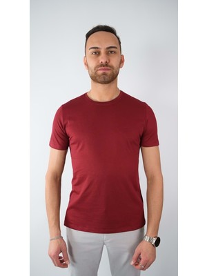 Sıfır Yaka Bisiklet Yaka Penye Likralı Bordo Erkek Tshirt