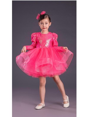 Baby Aden Pullu Payetli Tütü Kabarık Doğum Günü 23 Nisan Parti Kostüm Uzun Kollu Abiye Kız Çocuk Elbisesi