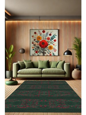 The Reef Design Yeşil Pamuk Kilim Görünümlü Halı Dijital Baskılı Halı Dokuma Tabanlı Kaymaz Genç Odası Halısı