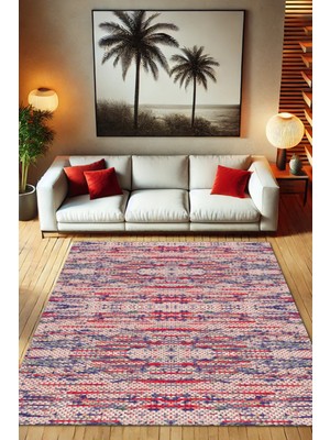 The Reef Design Kırmızı Pamuk Kilim Görünümlü Halı Dijital Baskılı Halı Dokuma Tabanlı Kaymaz Genç Odası Halısı