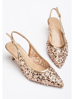 Kadın Kısa Topuklu Abiye Ayakkabı Rose Pullu File Topuk Açık