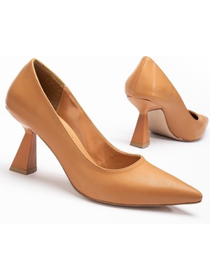 Cilt Ince Topuk Camel Büyük Numara Kadın Ayakkabısı Topuklu Stiletto