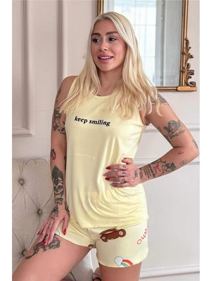 Pijama Evi Sarı Keep Smiling Desenli Bambu Sıfır Kol Şortlu Kadın Pijama Takımı