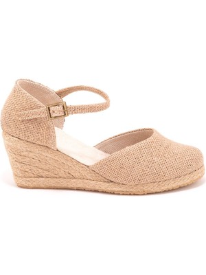 Star Tombis Elişi Bilekten Bantlı Topuğu Açık Keten Espadril Dolgu Topuk Handmade