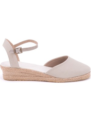 Star Tombis Elişi Bej Topuğu Açık Bilekten Bantlı 3cm Dolgu Topuk Keten Hasır Espadril Handmade