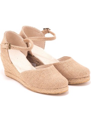 Star Tombis Elişi Bilekten Bantlı Topuğu Açık Keten Espadril Dolgu Topuk Handmade