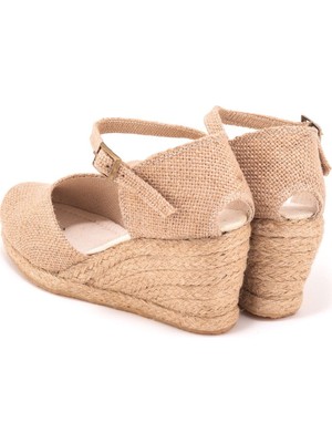 Star Tombis Elişi Bilekten Bantlı Topuğu Açık Keten Espadril Dolgu Topuk Handmade