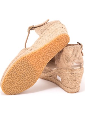 Star Tombis Elişi Bilekten Bantlı Topuğu Açık Keten Espadril Dolgu Topuk Handmade