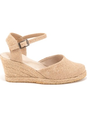 Star Tombis  Elişi Topuğu Açık Bilekten Bantlı Dolgu Topuk Keten Hasır Espadril Handmade