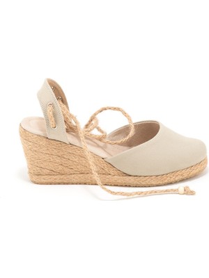 Star Tombis Elişi Topuğu Açık Bilekten Bağlamalı Bej Dolgu Topuk Keten Hasır Espadril Handmade
