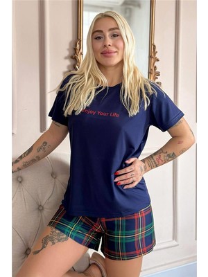 Pijama Evi Navy Enjoy Desenli Kısa Kollu Şortlu Örme Kadın Pijama Takımı