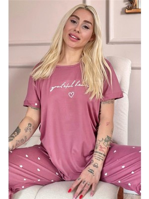 Pudra Grateful Heart Desenli Bambu Kısa Kol Kadın Pijama Takımı