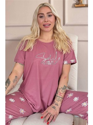 Pudra Smile Everyday Desenli Bambu Kısa Kol Kadın Pijama Takımı