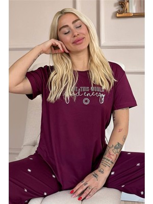 Mürdüm Good Energy Desenli Bambu Kısa Kol Kadın Pijama Takımı