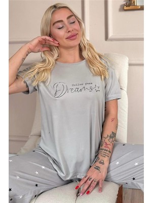 Gri Dreams Desenli Bambu Kısa Kol Kadın Pijama Takımı