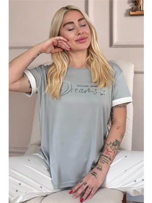 Krem Dreams Desenli Bambu Kısa Kol Kadın Pijama Takımı