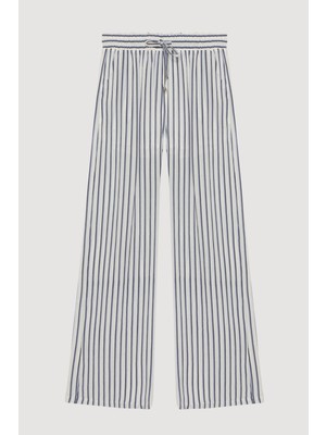 Quzu Beli Lastikli Çizgili Pantolon Ekru