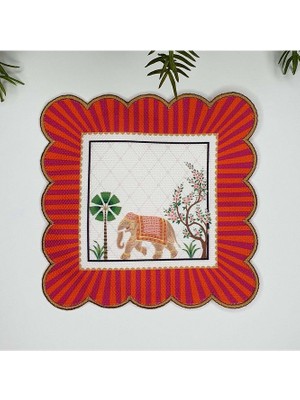 Dekoratif Kenar Elegant Fil ve Palmiye Ağaç Tasarımlı Nakış Kenar Kumaş Kokteyl Peçetesi 1 Adet