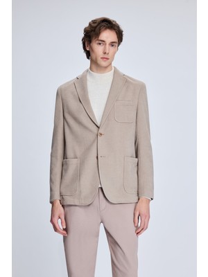 HTML Bej Comfort Fit Desenli Mono Yaka Klasik Ceket