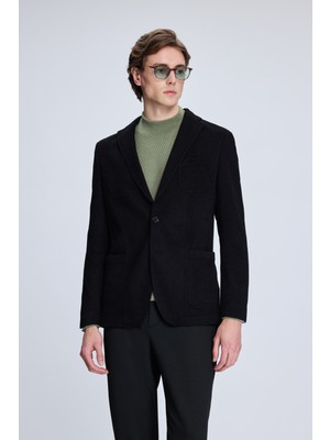 Siyah Comfort Fit Desenli Mono Yaka Klasik Ceket
