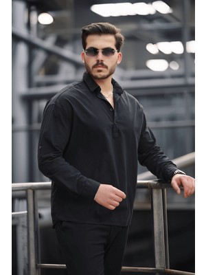 Yarım Pat Yakalı York Pamuk Kumaşlı Uzun Kollu Erkek Gömlek - Siyah
