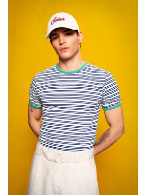 Çizgili Dar Kesim Lacivert T-Shırt