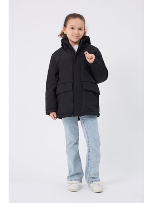 Kız Çocuk Siyah Kürklü Su ve Rüzgar Geçirmez Kapüşonlu 3 Kışlık Mont & Kaban & Parka FMPÇ-110-K