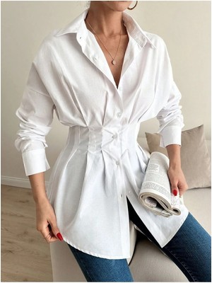 Emmas Clothing Kadın Beyaz Gömlek Belden Oturtmalı Pileli Düz Renk Günlük Stil Ekoteks Sertifikalı