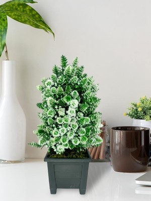 Nettenevime Yapay Çiçek Bonsai Ağacı Beyaz Kozalak Model Dekoratif Yapay Ağaç Bonzai 30 x 15  cm  Siyah Kare Saksıda