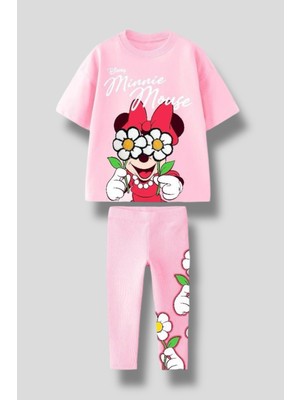 Magu Kız Çocuk Minnie Mouse Çiçek Desenli 2'li Takım - Kısa Kollu Tişört ve Desenli Tayt