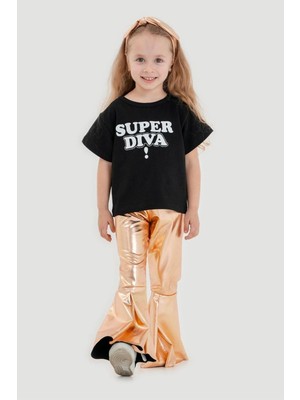 Magu Kız Çocuk Pamuklu Crop T-Shirt Parlak Gri Ispanyol Paça Alt-Üst Takım