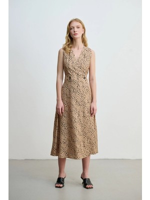 Gusto Anvelop Kesim Uzun Leopar Elbise -Camel