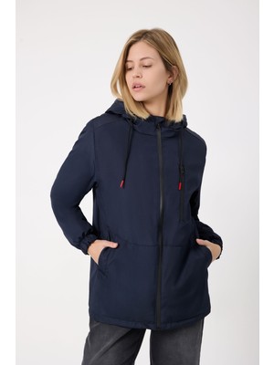 Kadın Lacivert Kürklü Su ve Rüzgar Geçirmez Kapüşonlu Kışlık Mont & Kaban & Parka FMM-100-K