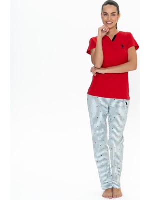 U.S. Polo Assn. 20060 Kadın Kısa Kollu V Yaka Pijama Takımı-Kırmızı