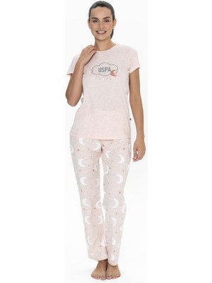 U.S. Polo Assn. 20075 Kadın Kısa Kollu Bisiklet Yaka Pijama Takımı-Pembemelanj