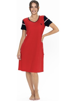 U.s Polo Assn. 20009 Kadın Kısa Kollu V Yaka Rahat Ev Giyim-Kırmızı