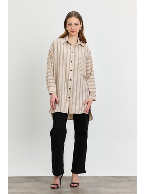 Rays 4068A Çizgili Tek Cepli Tunik Bej
