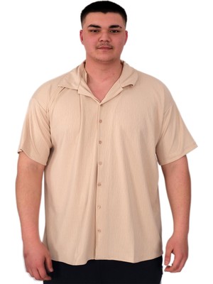 Mode Xl Büyük Beden Erkek Gömlek Apas Yaka Şerit Desen Jakar U24382 Bej