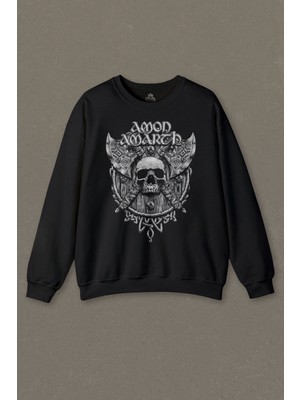 Siyah Unisex Sweatshirt Amon Amarth Müzik Skull Kuru Kafa Metal Music Baskılı Sweat
