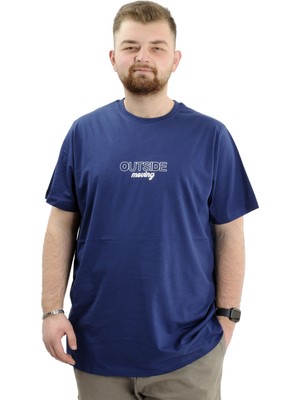 Mode Xl Battal Beden Erkek Tişört Bisiklet Yaka Baskılı Out Sıde U24041 Indigo