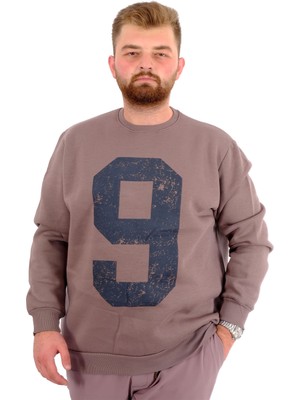 Mode Xl Büyük Beden Erkek Sweatshirt 3 Iplik Şardonlu Baskılı Nıne U24528 Kahverengi