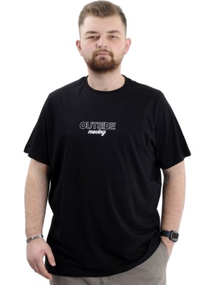 Mode Xl Battal Beden Erkek Tişört Bisiklet Yaka Baskılı Out Sıde U24041 Siyah